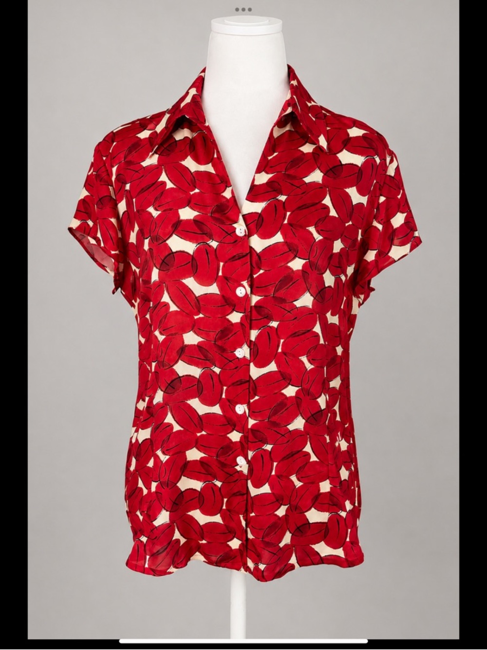 Jones New York 100% Silk Red Abstract Print Button Front Blouse Career & Resort